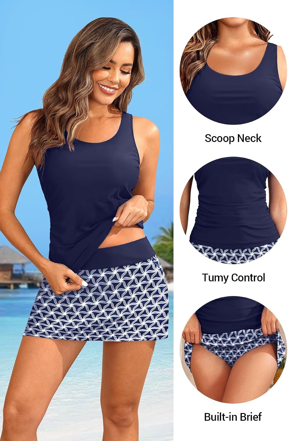 Talisea Tankini Bathing Suits with Skirt – Womens Two Piece Swimsuits with Pockets Tummy Control Modest Swimwear 2026(Navy Geometric)