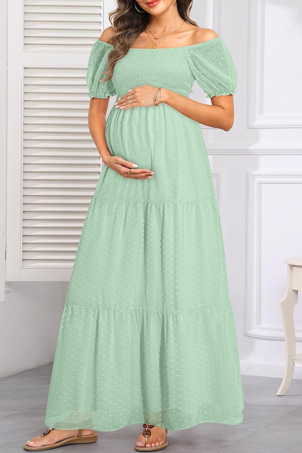 Women’s Off Shoulder Maternity Dress Swiss Dot Boho Baby Shower Dress | Swiss dot chiffon fabric,off shoulder boho design,maternity baby shower dress style(Mint Green)
