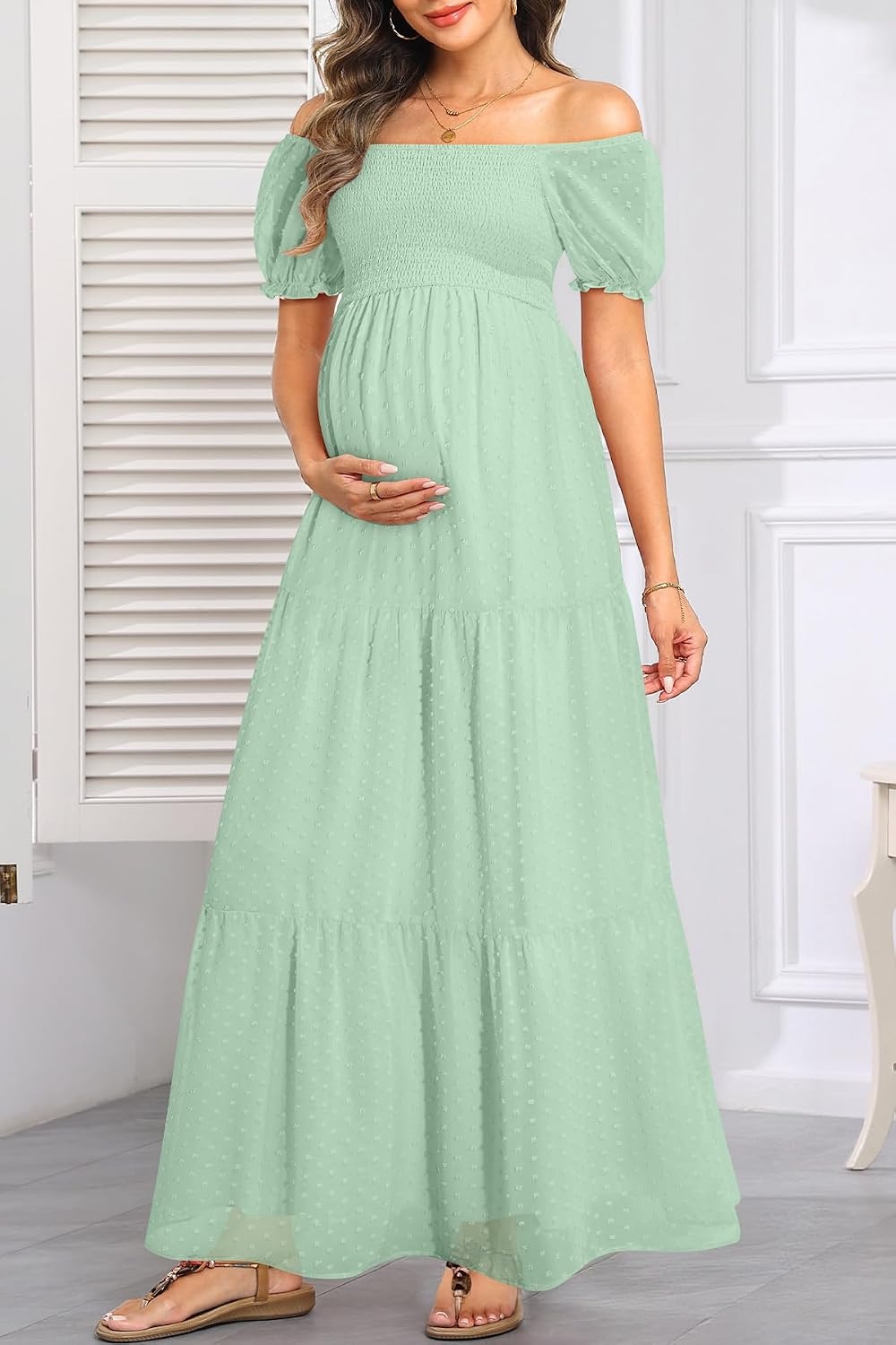 Women’s Off Shoulder Maternity Dress Swiss Dot Boho Baby Shower Dress | Swiss dot chiffon fabric,off shoulder boho design,maternity baby shower dress style(Mint Green)