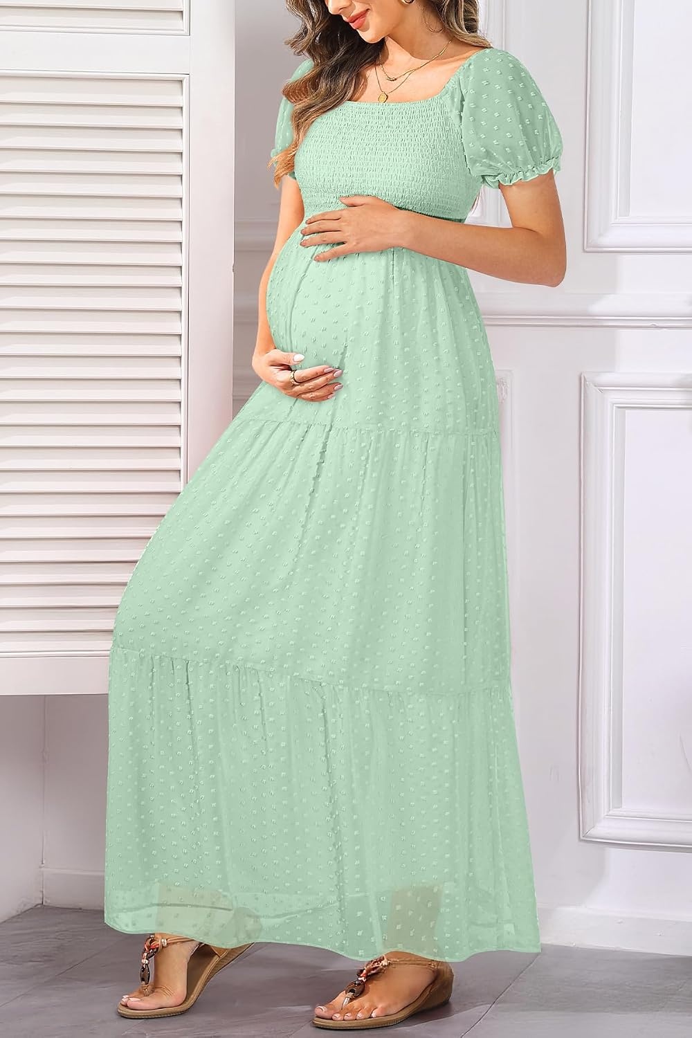 Women’s Off Shoulder Maternity Dress Swiss Dot Boho Baby Shower Dress | Swiss dot chiffon fabric,off shoulder boho design,maternity baby shower dress style(Mint Green)
