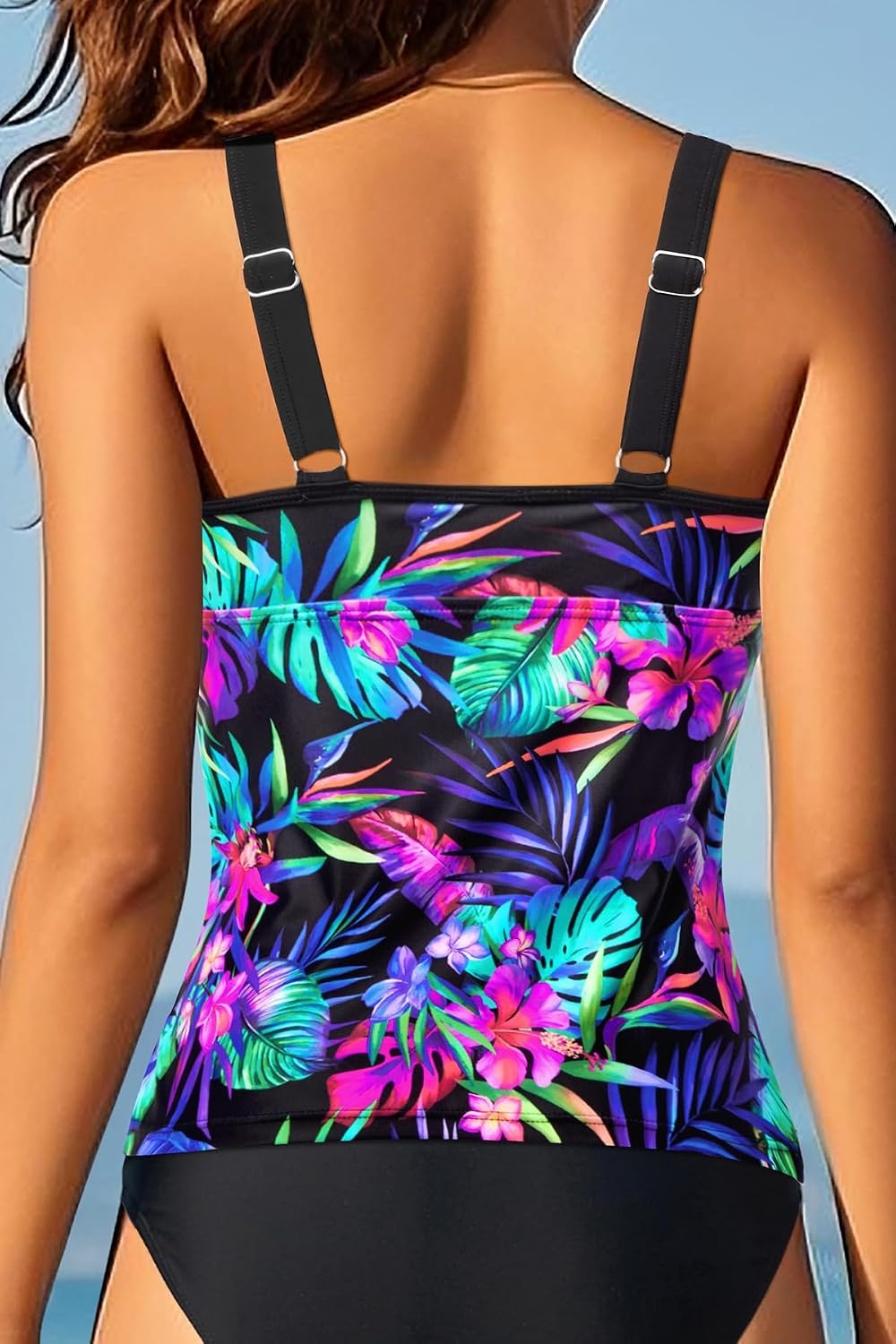 Women’s V-Wire Tankini Swim Tops – Tummy Control Ruched Swimsuit Bathing Suit Top Only Slimming Swimwear No Bottom(Blue and Pink Floral)