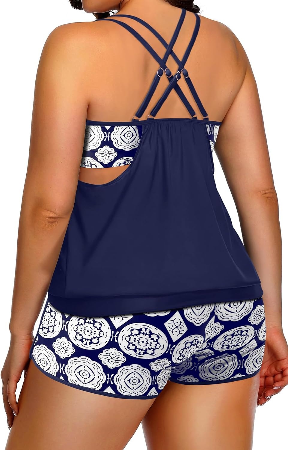 Plus Size Tankini Swimsuits Women – Blouson Two Piece Tummy Control Bathing Suit Criss Cross Tankini Top with Shorts(Navy Geometric)