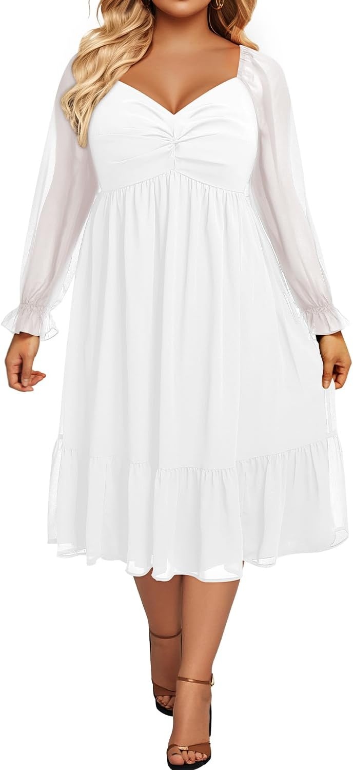 Talisea Plus Size Dresses Sweetheart Neckline Long Sleeves Chiffon Party Cocktail A Line Curvy Womens Midi Dress(White)
