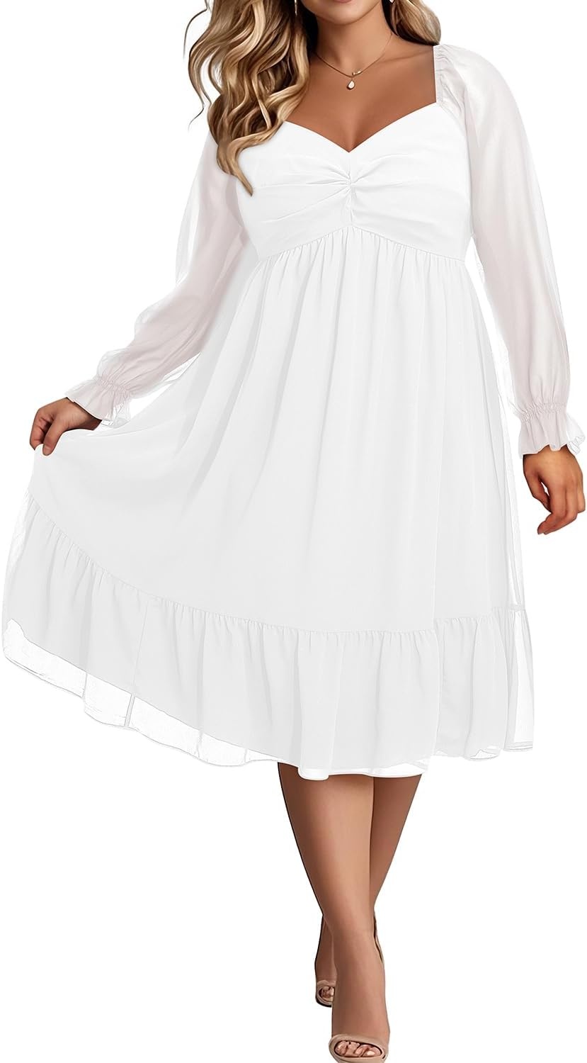 Talisea Plus Size Dresses Sweetheart Neckline Long Sleeves Chiffon Party Cocktail A Line Curvy Womens Midi Dress(White)