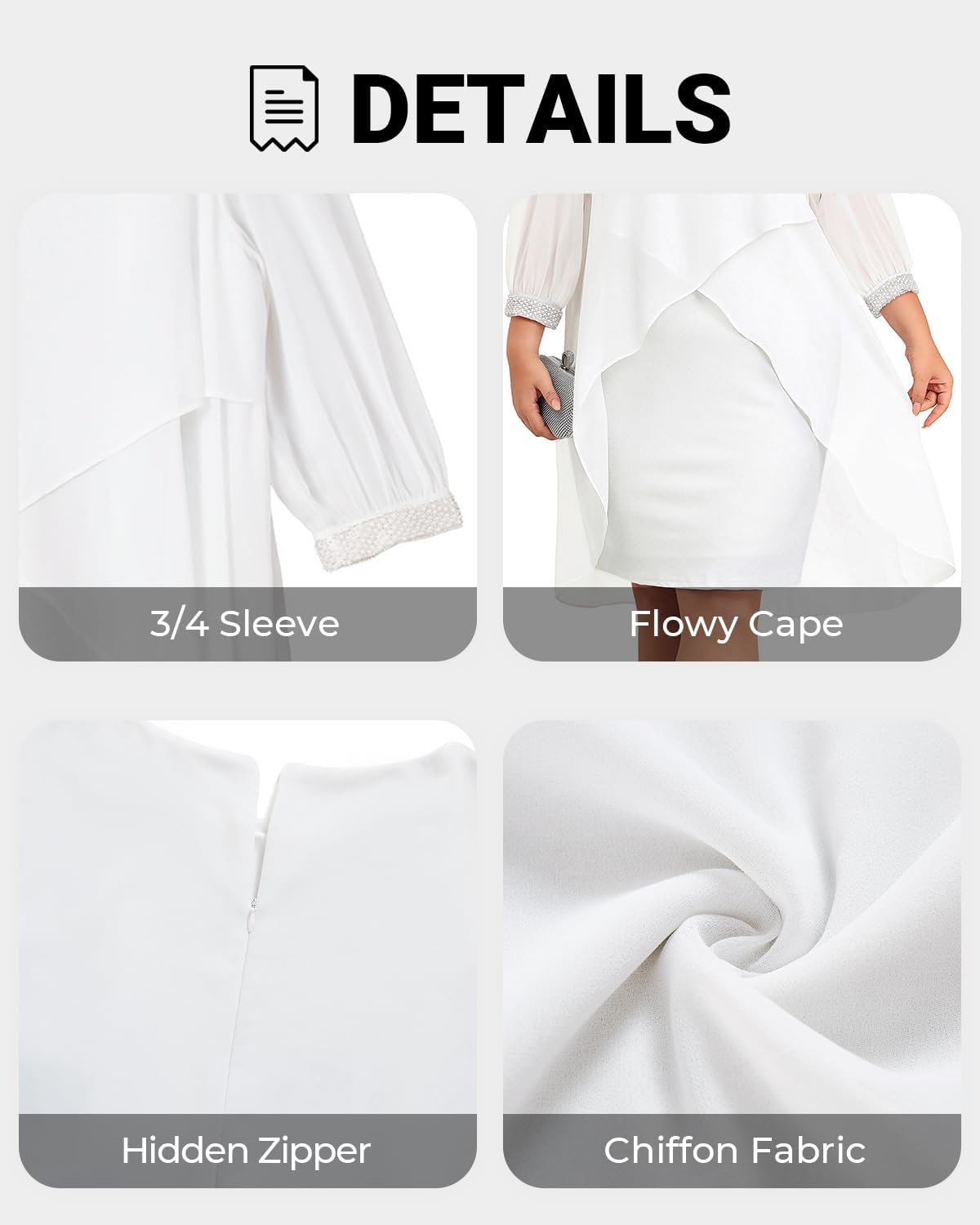 Talisea Plus Size Cocktail Dress – Elegant Chiffon Cape 3/4 Sleeves Glitter Evening Party Wedding Guest Dresses Women Formal(White)