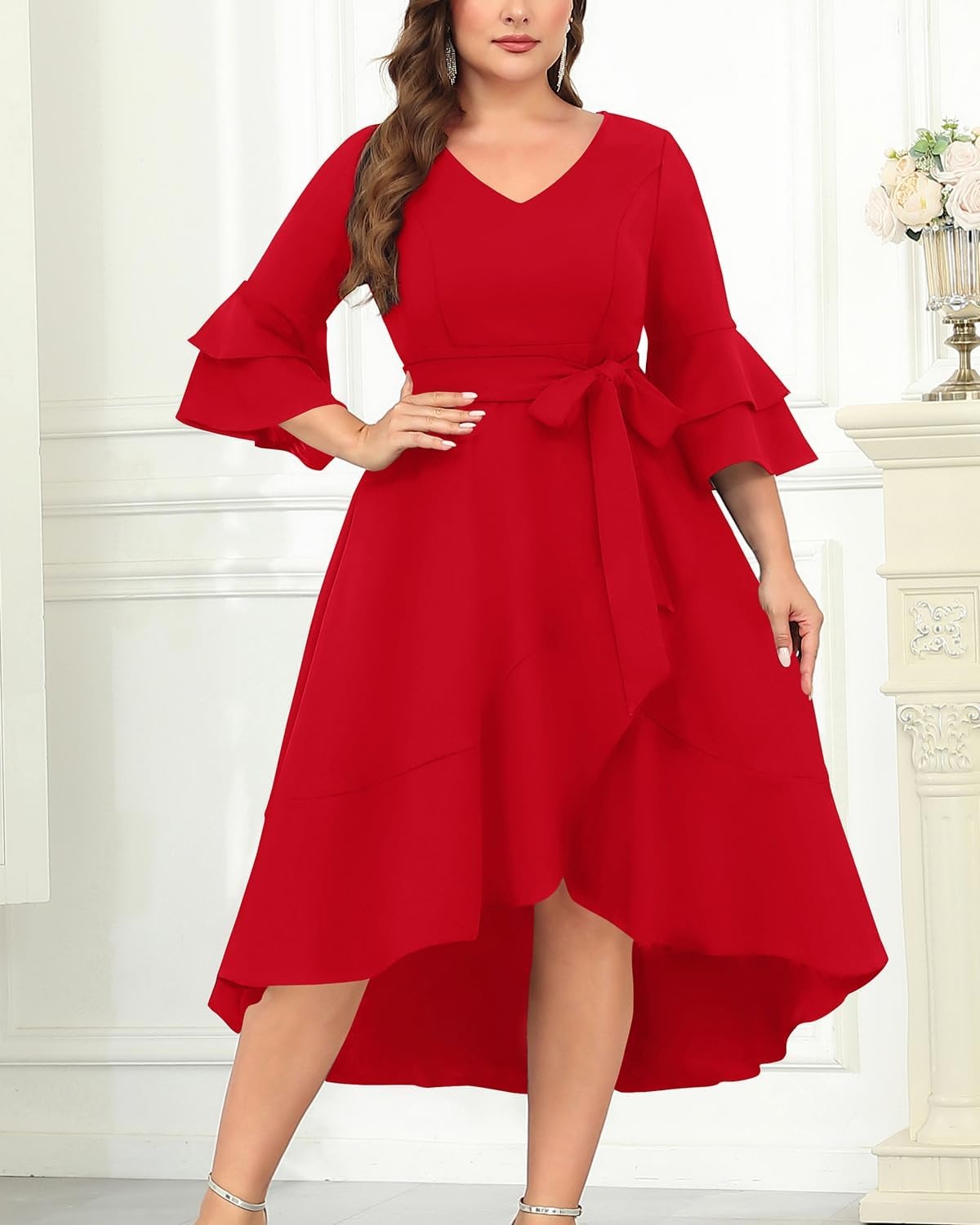Plus Size Wedding Guest Dress – Semi Formal Double Bell Sleeve V Neck High Low Split Ruffle Cocktail Dresses with Belt(Red)