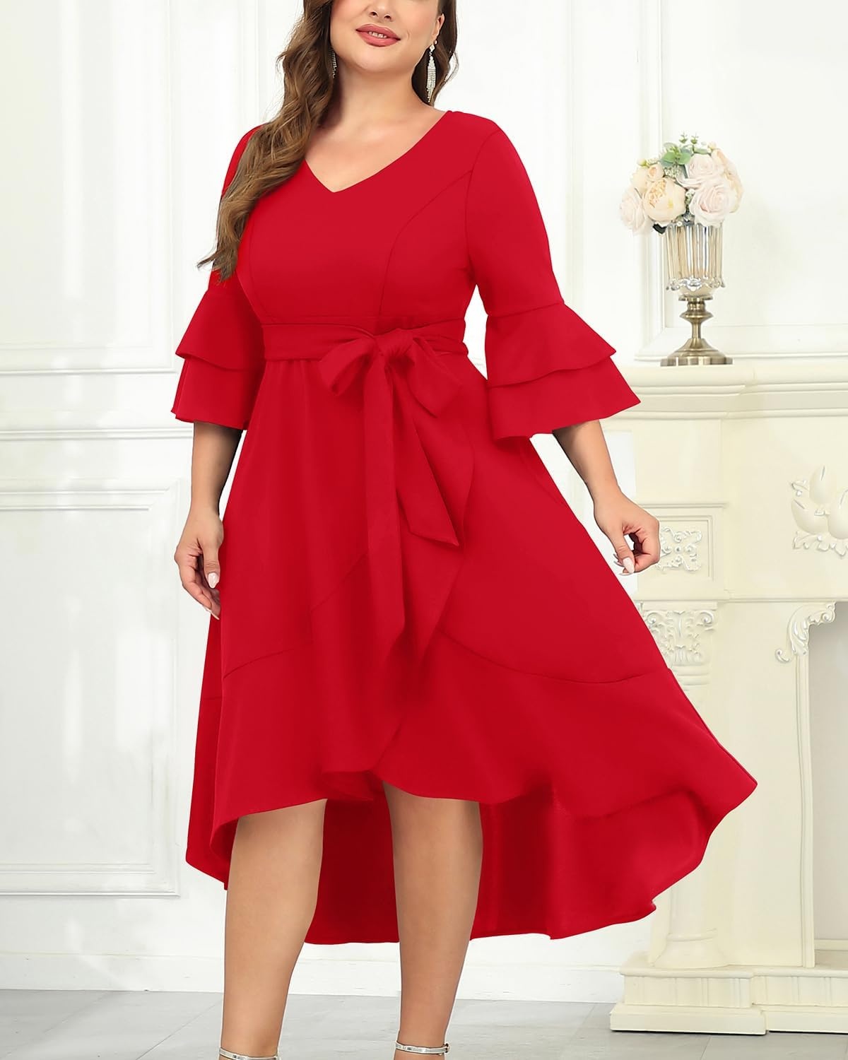 Plus Size Wedding Guest Dress – Semi Formal Double Bell Sleeve V Neck High Low Split Ruffle Cocktail Dresses with Belt(Red)