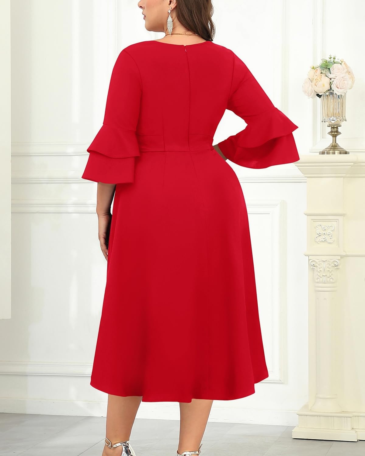 Plus Size Wedding Guest Dress – Semi Formal Double Bell Sleeve V Neck High Low Split Ruffle Cocktail Dresses with Belt(Red)
