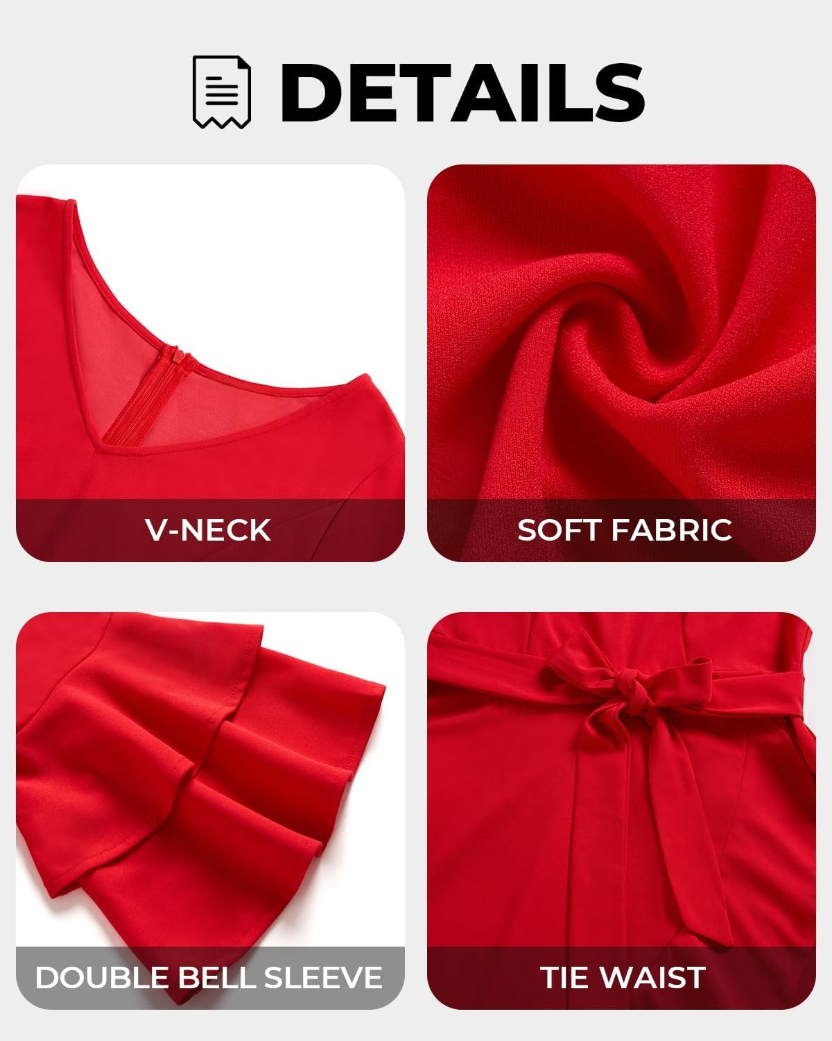 Plus Size Wedding Guest Dress – Semi Formal Double Bell Sleeve V Neck High Low Split Ruffle Cocktail Dresses with Belt(Red)
