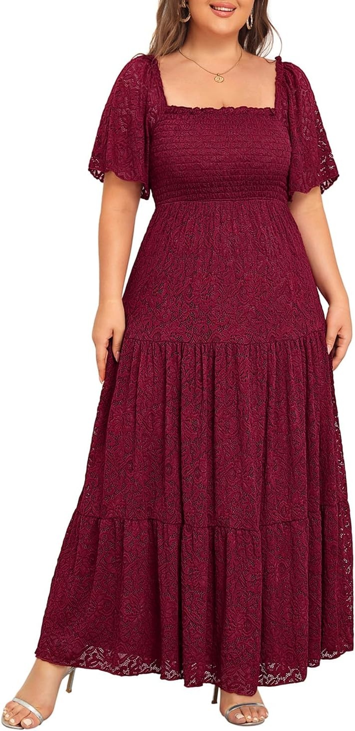 Talisea Women’s Plus Size Floral Lace Wedding Boho Dress Flowy Smocked Tiered Maxi Dress(Burgundy)