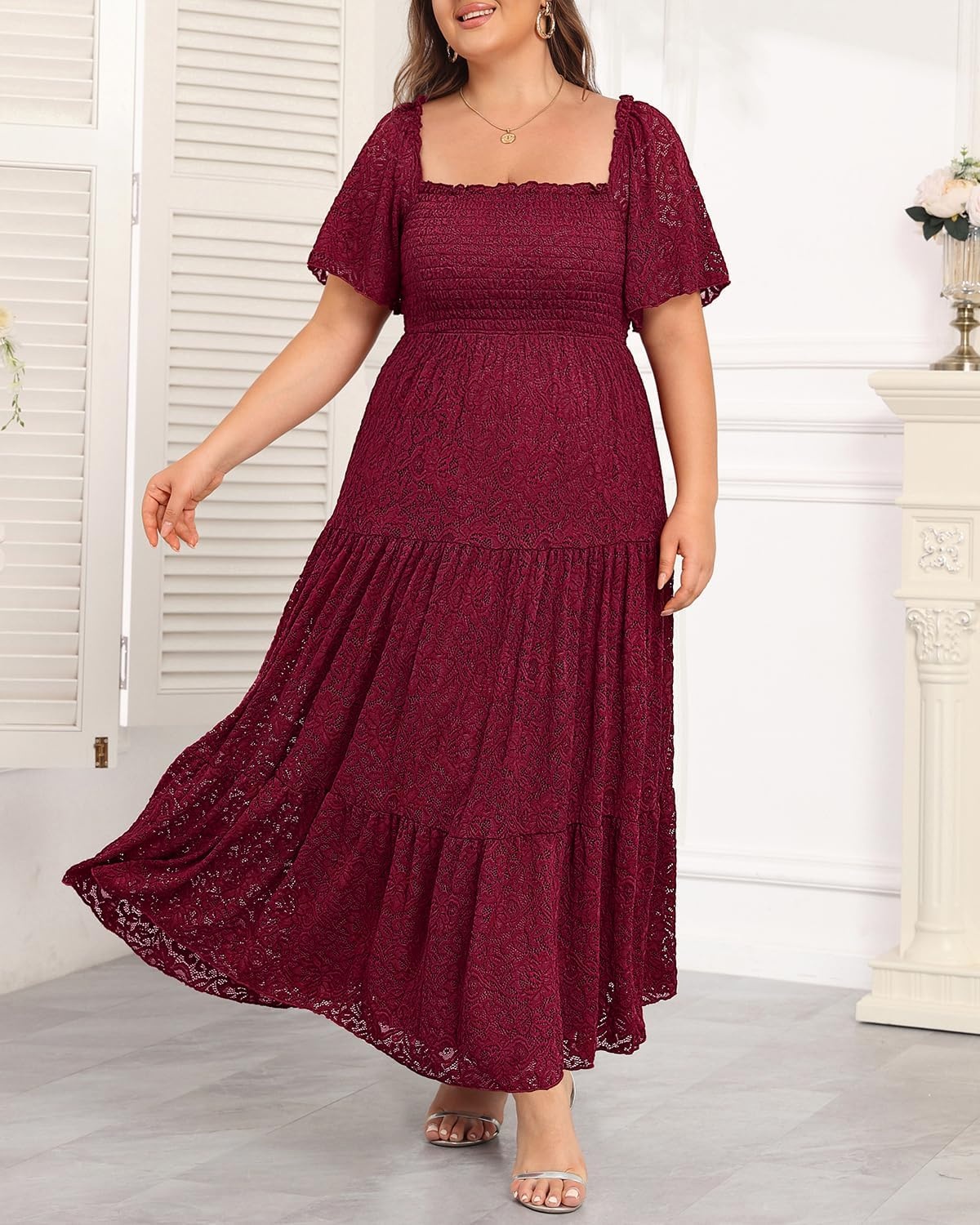 Talisea Women’s Plus Size Floral Lace Wedding Boho Dress Flowy Smocked Tiered Maxi Dress(Burgundy)