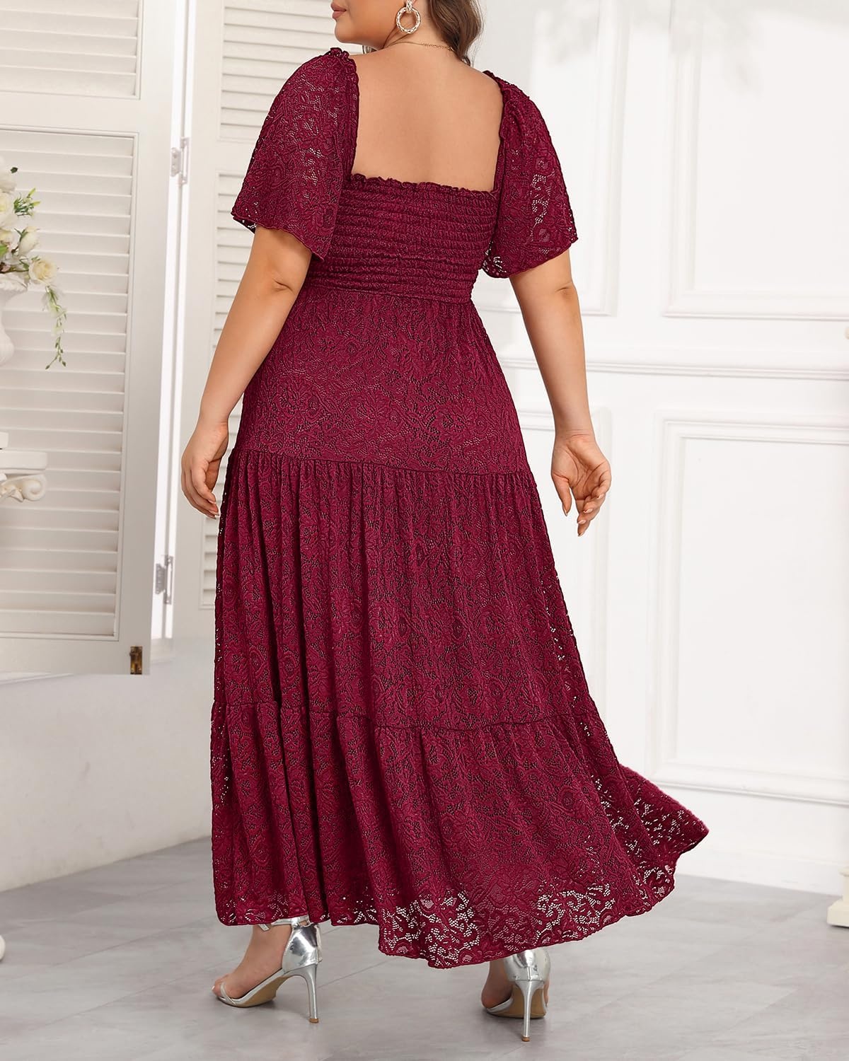 Talisea Women’s Plus Size Floral Lace Wedding Boho Dress Flowy Smocked Tiered Maxi Dress(Burgundy)