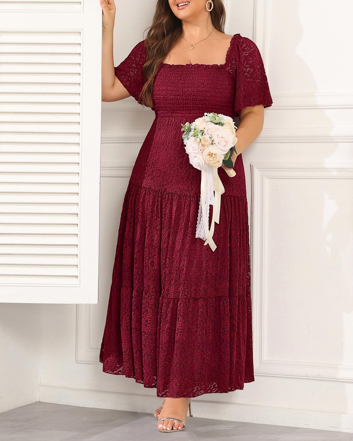 Talisea Women’s Plus Size Floral Lace Wedding Boho Dress Flowy Smocked Tiered Maxi Dress(Burgundy)