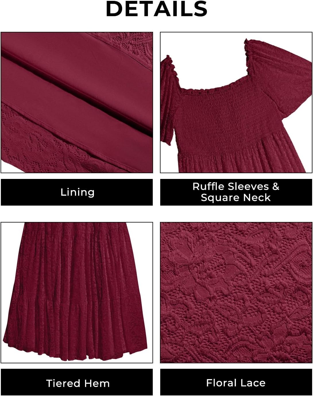 Talisea Women’s Plus Size Floral Lace Wedding Boho Dress Flowy Smocked Tiered Maxi Dress(Burgundy)