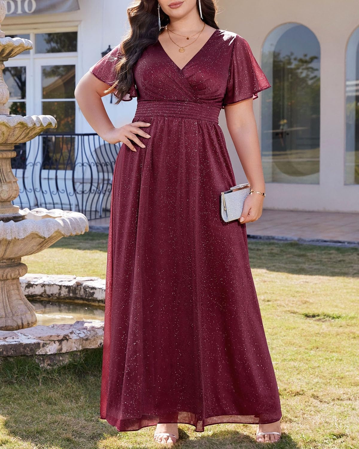 Talisea Plus Size Formal Dresses – V Neck Flutter Sleeve Glitter Prom Evening Gowns Wedding Guest Chiffon Long Maxi Dress(Burgundy-glitter)