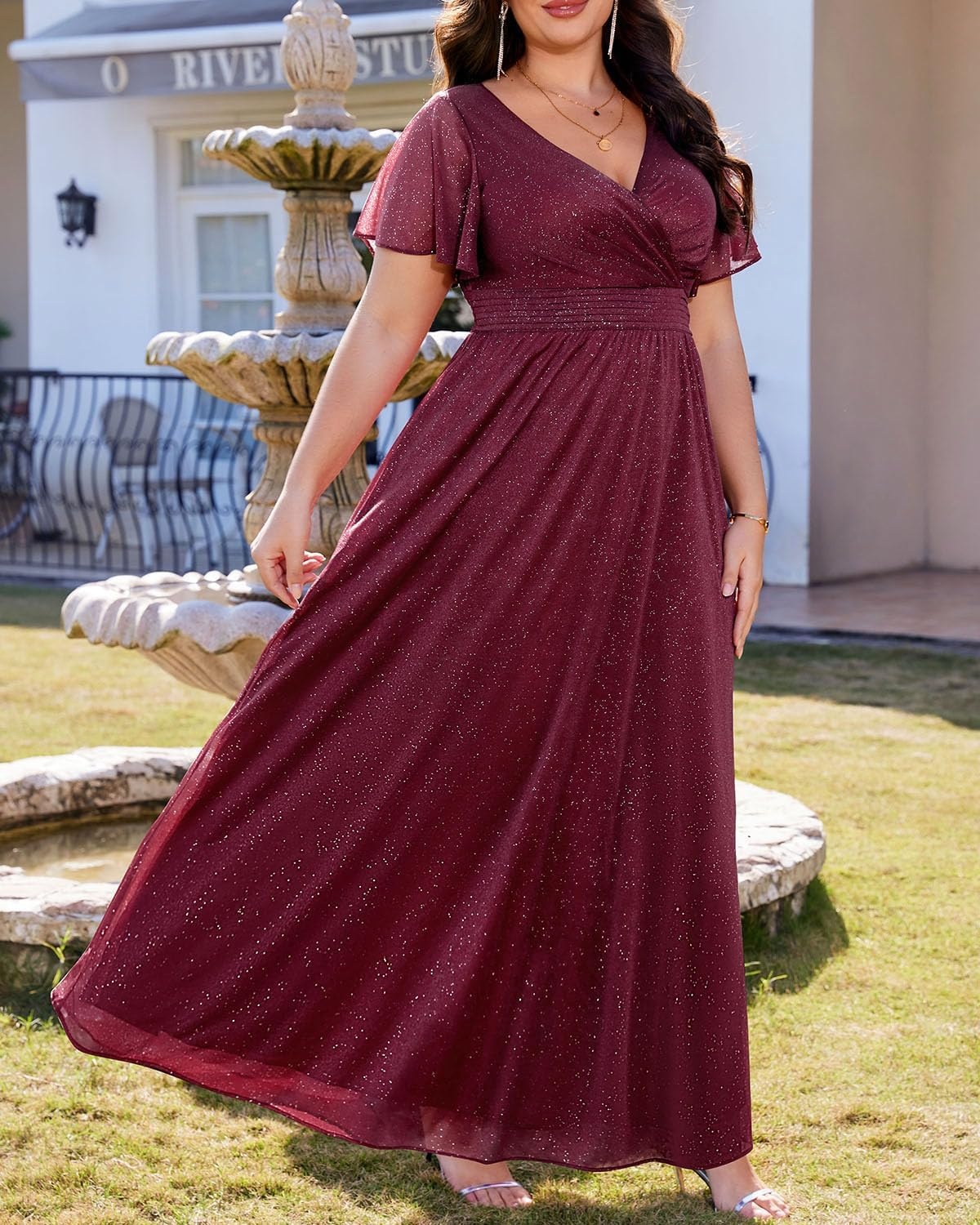 Talisea Plus Size Formal Dresses – V Neck Flutter Sleeve Glitter Prom Evening Gowns Wedding Guest Chiffon Long Maxi Dress(Burgundy-glitter)