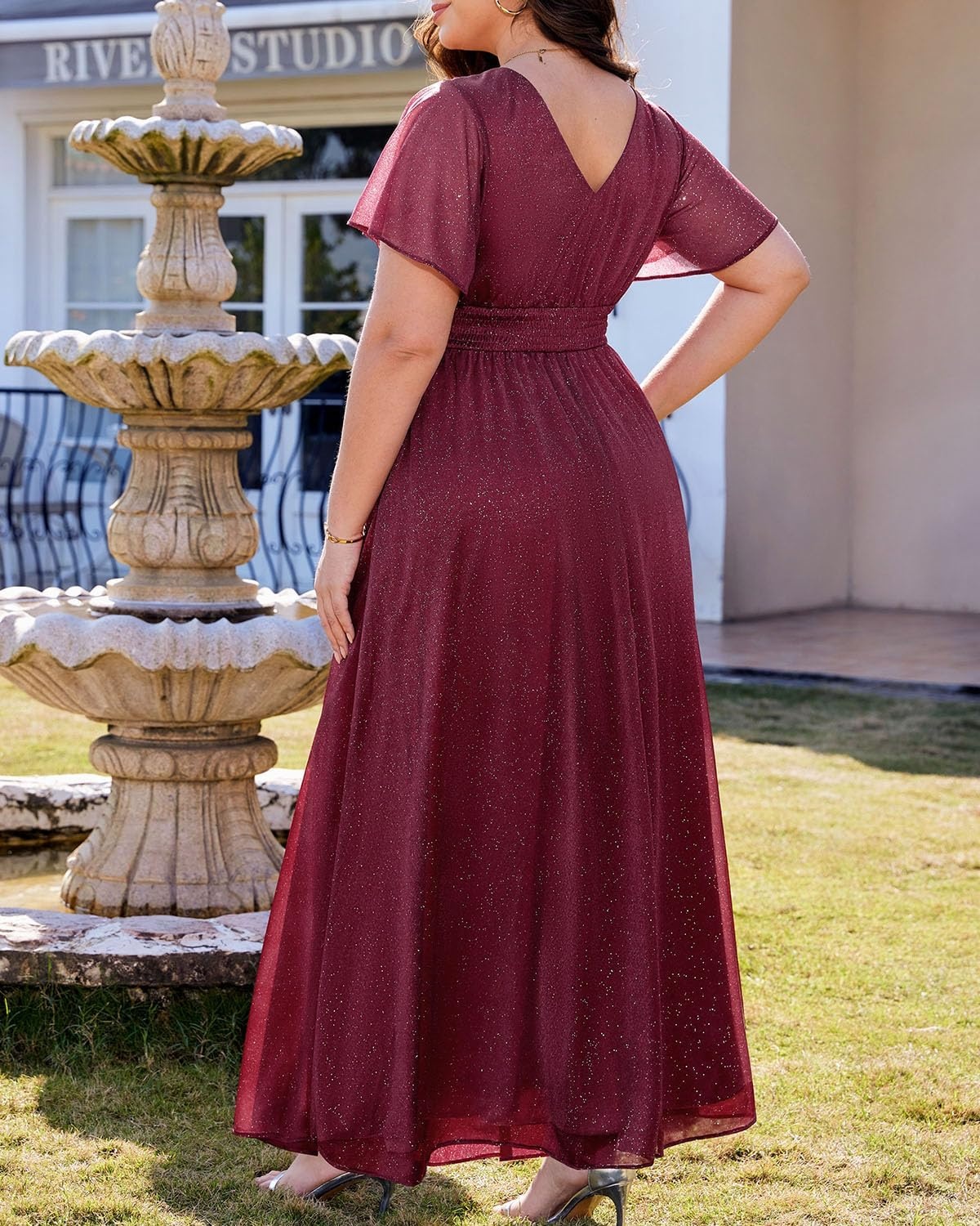 Talisea Plus Size Formal Dresses – V Neck Flutter Sleeve Glitter Prom Evening Gowns Wedding Guest Chiffon Long Maxi Dress(Burgundy-glitter)