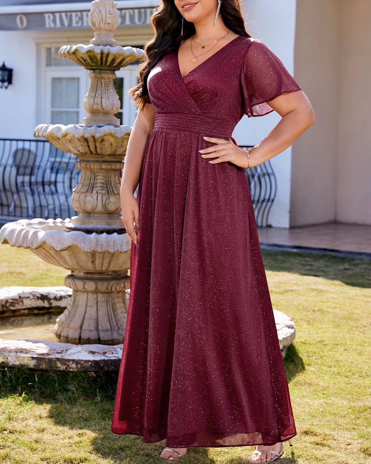 Talisea Plus Size Formal Dresses – V Neck Flutter Sleeve Glitter Prom Evening Gowns Wedding Guest Chiffon Long Maxi Dress(Burgundy-glitter)