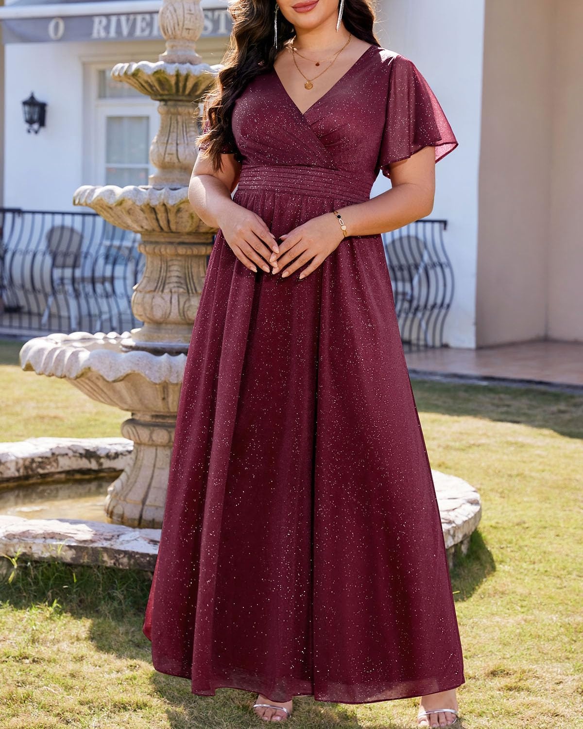 Talisea Plus Size Formal Dresses – V Neck Flutter Sleeve Glitter Prom Evening Gowns Wedding Guest Chiffon Long Maxi Dress(Burgundy-glitter)