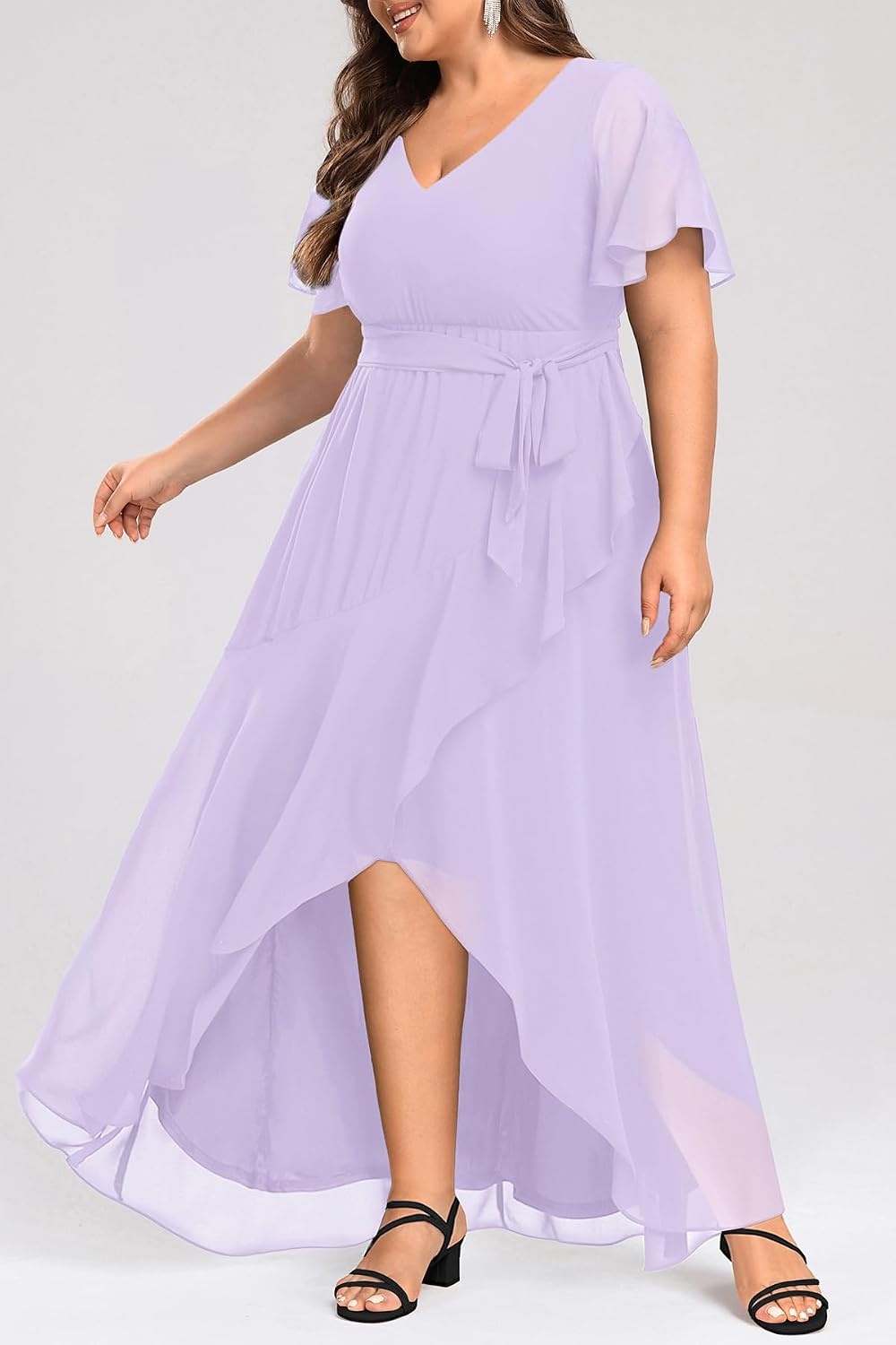 Talisea Plus Size Wedding Guest Dress – High Low Chiffon Ruffle Formal Gown(Lavender)