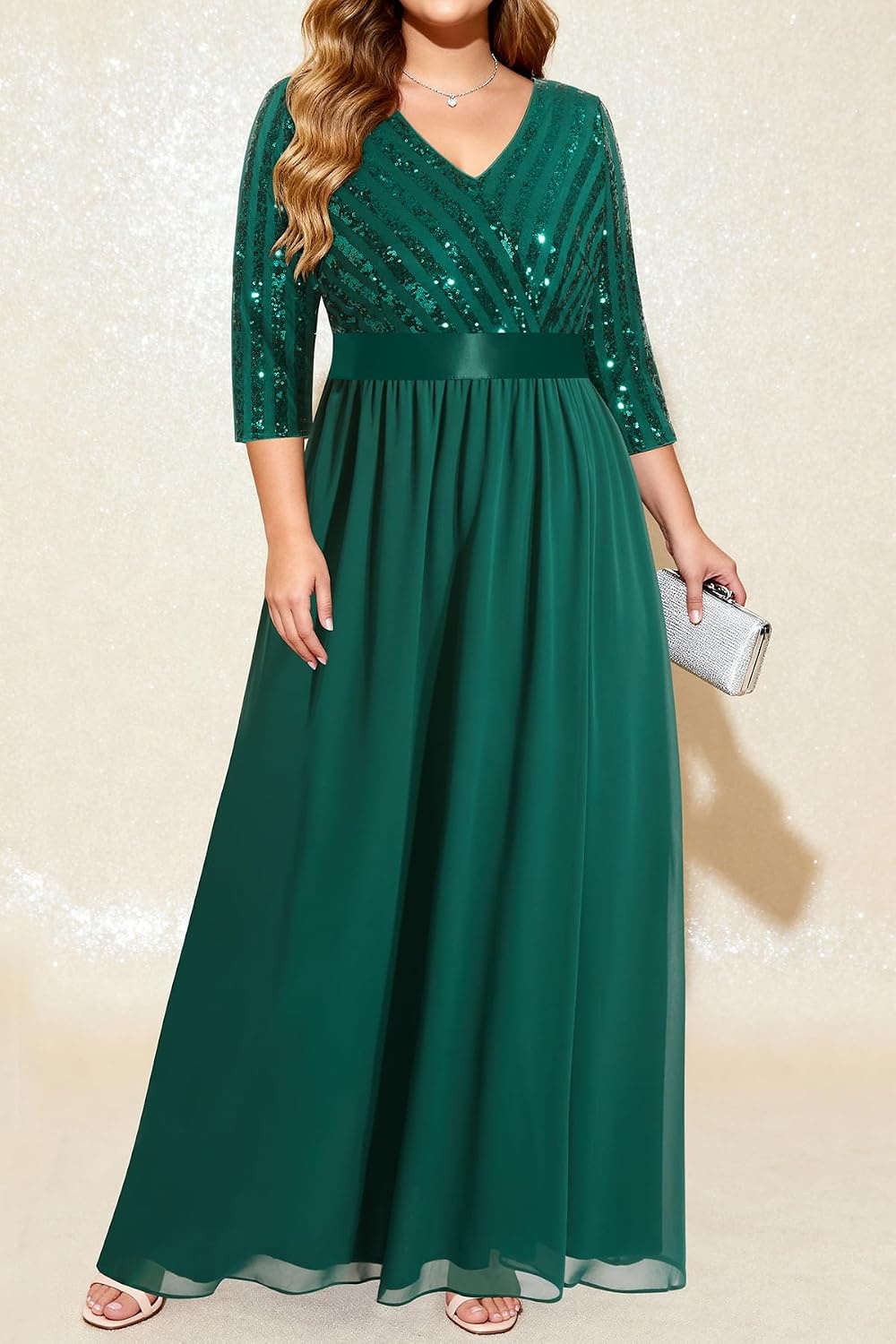 Plus Size Formal Dresses V Neck 3/4 Sleeve Sequin Prom Evening Maxi Dress | Sequin fabric, V neck 3/4 sleeve design, plus size formal prom wedding guest evening dress(Green)