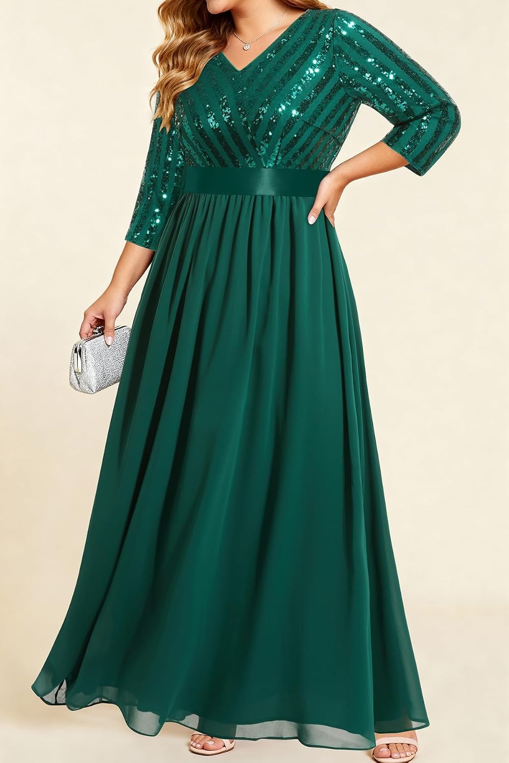 Plus Size Formal Dresses V Neck 3/4 Sleeve Sequin Prom Evening Maxi Dress | Sequin fabric, V neck 3/4 sleeve design, plus size formal prom wedding guest evening dress(Green)