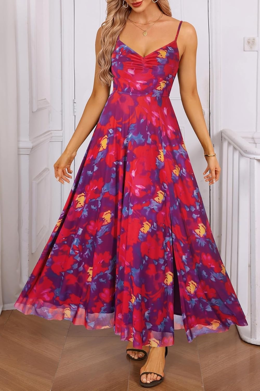 Talisea Summer Wedding Guest Dress Spaghetti Strap Formal Spring Cocktail Party Elegant A Line Long Maxi Dresses Slit Women(Floral Navy and Red)