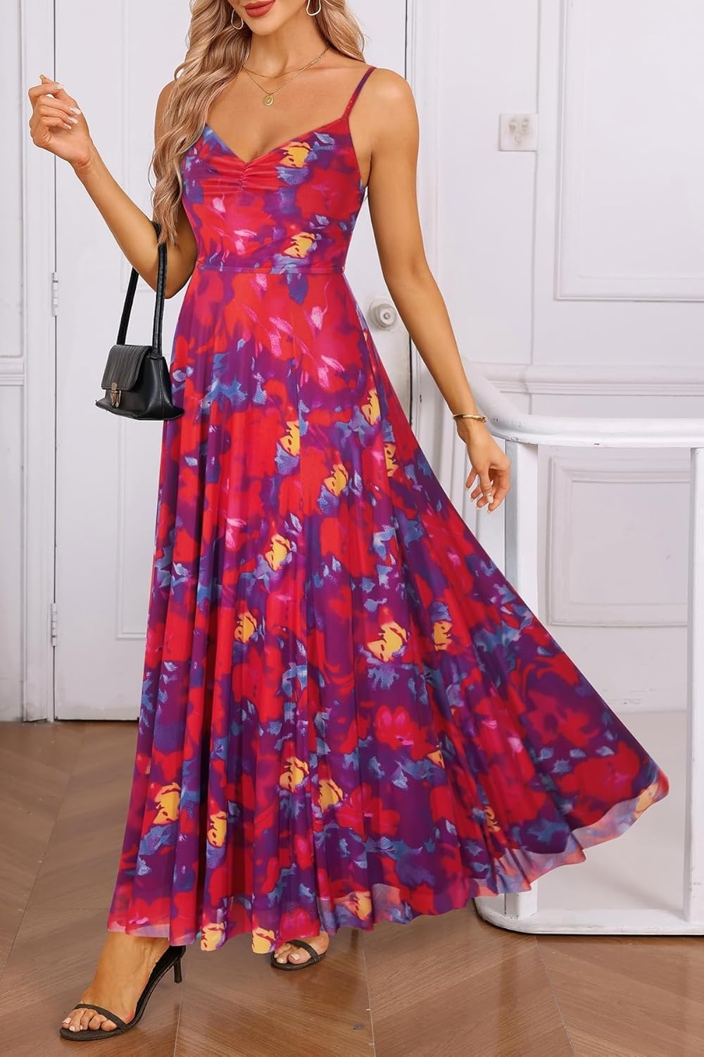 Talisea Summer Wedding Guest Dress Spaghetti Strap Formal Spring Cocktail Party Elegant A Line Long Maxi Dresses Slit Women(Floral Navy and Red)