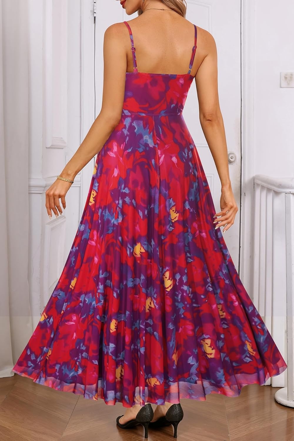 Talisea Summer Wedding Guest Dress Spaghetti Strap Formal Spring Cocktail Party Elegant A Line Long Maxi Dresses Slit Women(Floral Navy and Red)