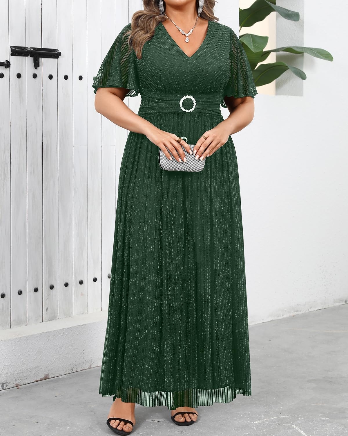 Plus Size Formal Dresses – Wedding Guest Evening Gown Sparkly Sequin Prom Gala Ball Maxi Dress with Short Sleeves(Green)