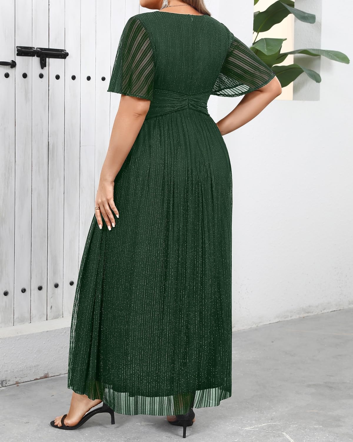 Plus Size Formal Dresses – Wedding Guest Evening Gown Sparkly Sequin Prom Gala Ball Maxi Dress with Short Sleeves(Green)