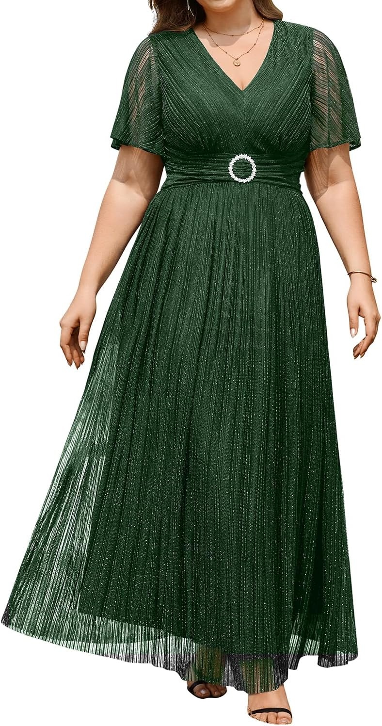 Plus Size Formal Dresses – Wedding Guest Evening Gown Sparkly Sequin Prom Gala Ball Maxi Dress with Short Sleeves(Green)