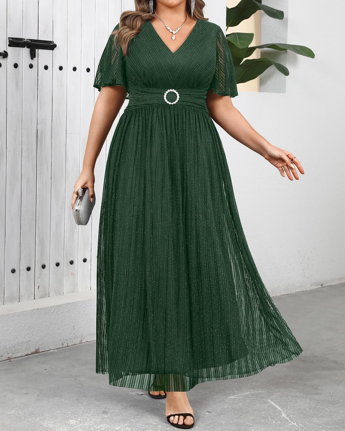 Plus Size Formal Dresses – Wedding Guest Evening Gown Sparkly Sequin Prom Gala Ball Maxi Dress with Short Sleeves(Green)