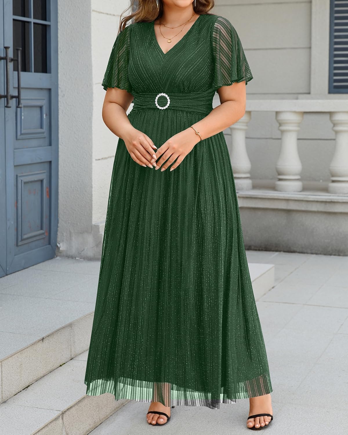 Plus Size Formal Dresses – Wedding Guest Evening Gown Sparkly Sequin Prom Gala Ball Maxi Dress with Short Sleeves(Green)