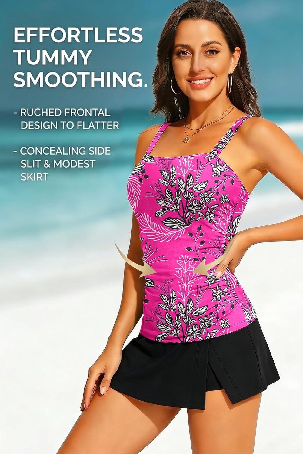 Talisea Womens Two Piece Tankini Bathing Suits with Skirt Tummy Control Swimsuits Ladies Swimwear(Pink Flower)