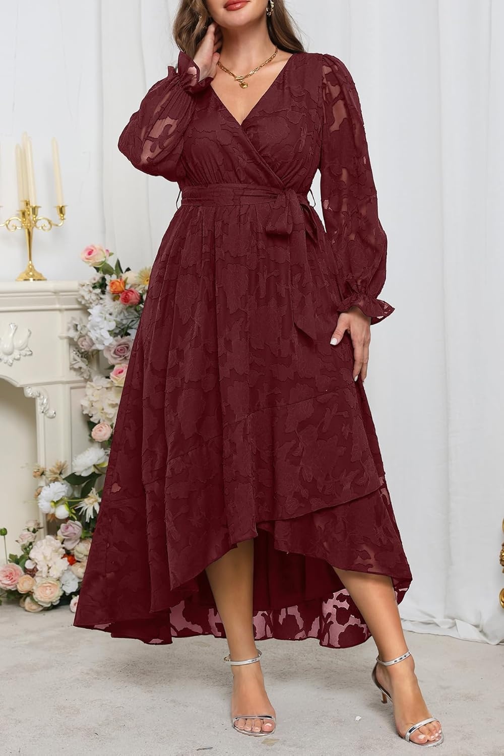 Plus Size Dresses Wedding Guest Fall Floral Wrap V Neck Maxi Dress Women(Burgundy)