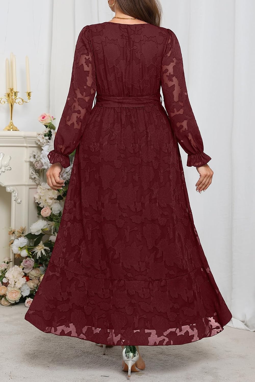 Plus Size Dresses Wedding Guest Fall Floral Wrap V Neck Maxi Dress Women(Burgundy)