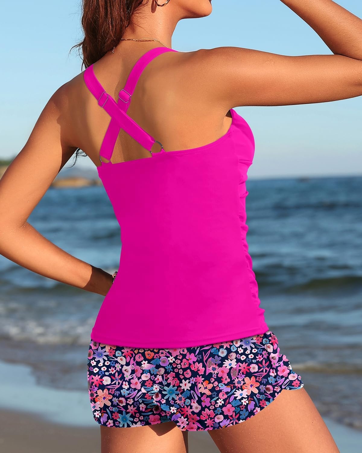 Talisea Womens Tankini Bathing Suits with Skirt Two Piece Tummy Control Swimsuits Ladies Swimwear(Hot Pink Floral With Shorts)