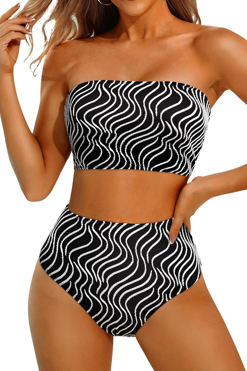 High Waisted Bandeau Bikini Set – Women Strapless Two Piece Swimsuits Ribbed Longline Full Coverage Bathing Suits Swimwear(Contrast Color-black)