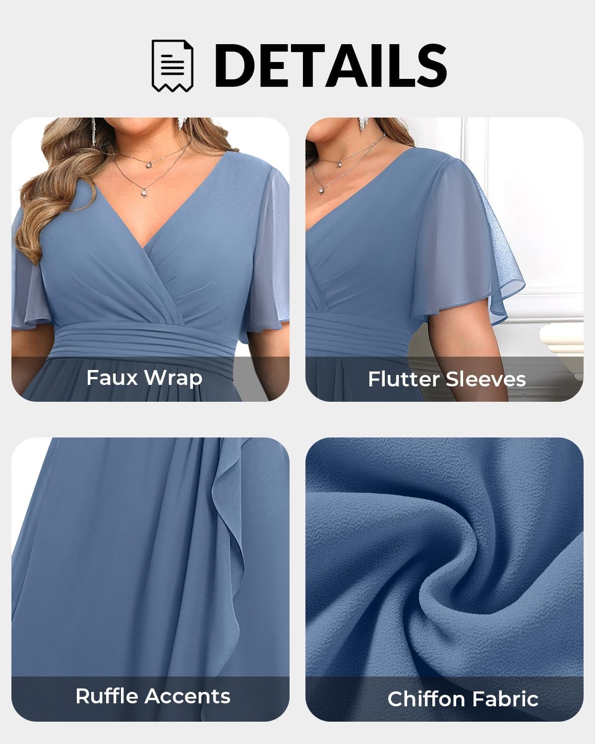 Plus Size Formal Dress Wedding Guest Chiffon V Neck Ruffle Long Dress Women(Grey Blue)