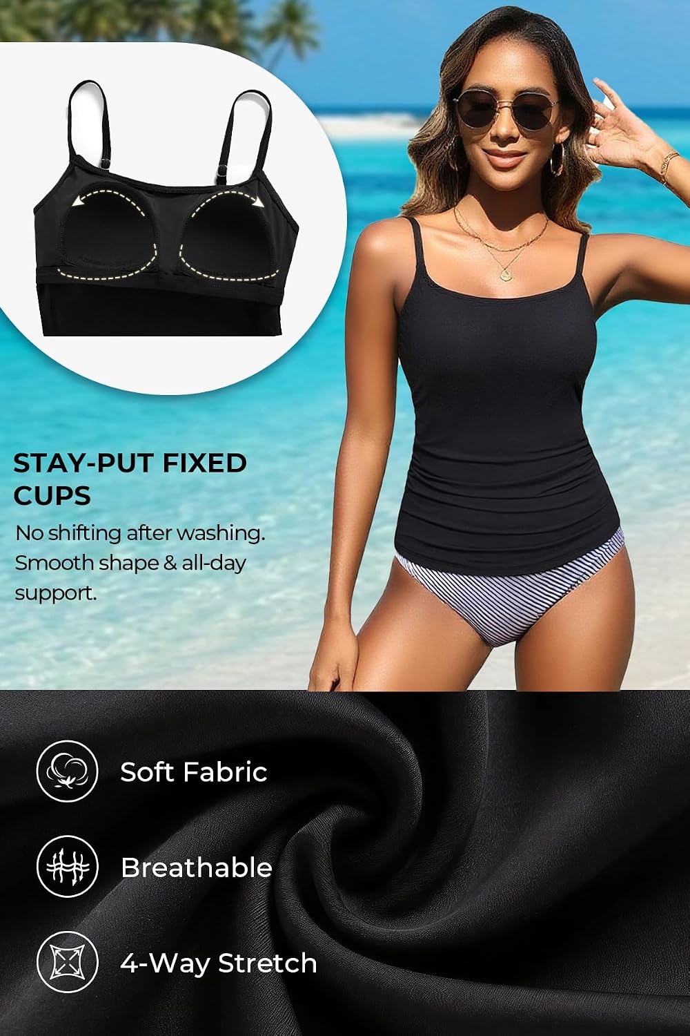 Talisea Women’s Tankini Top Only Tummy Control Bathing Suits Top U Neck Swimwear Tops No Bottom(Black)