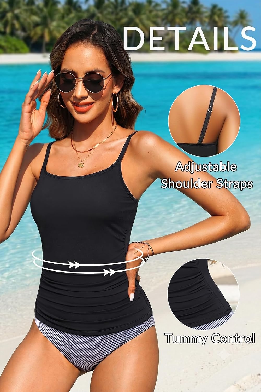 Talisea Women’s Tankini Top Only Tummy Control Bathing Suits Top U Neck Swimwear Tops No Bottom(Black)