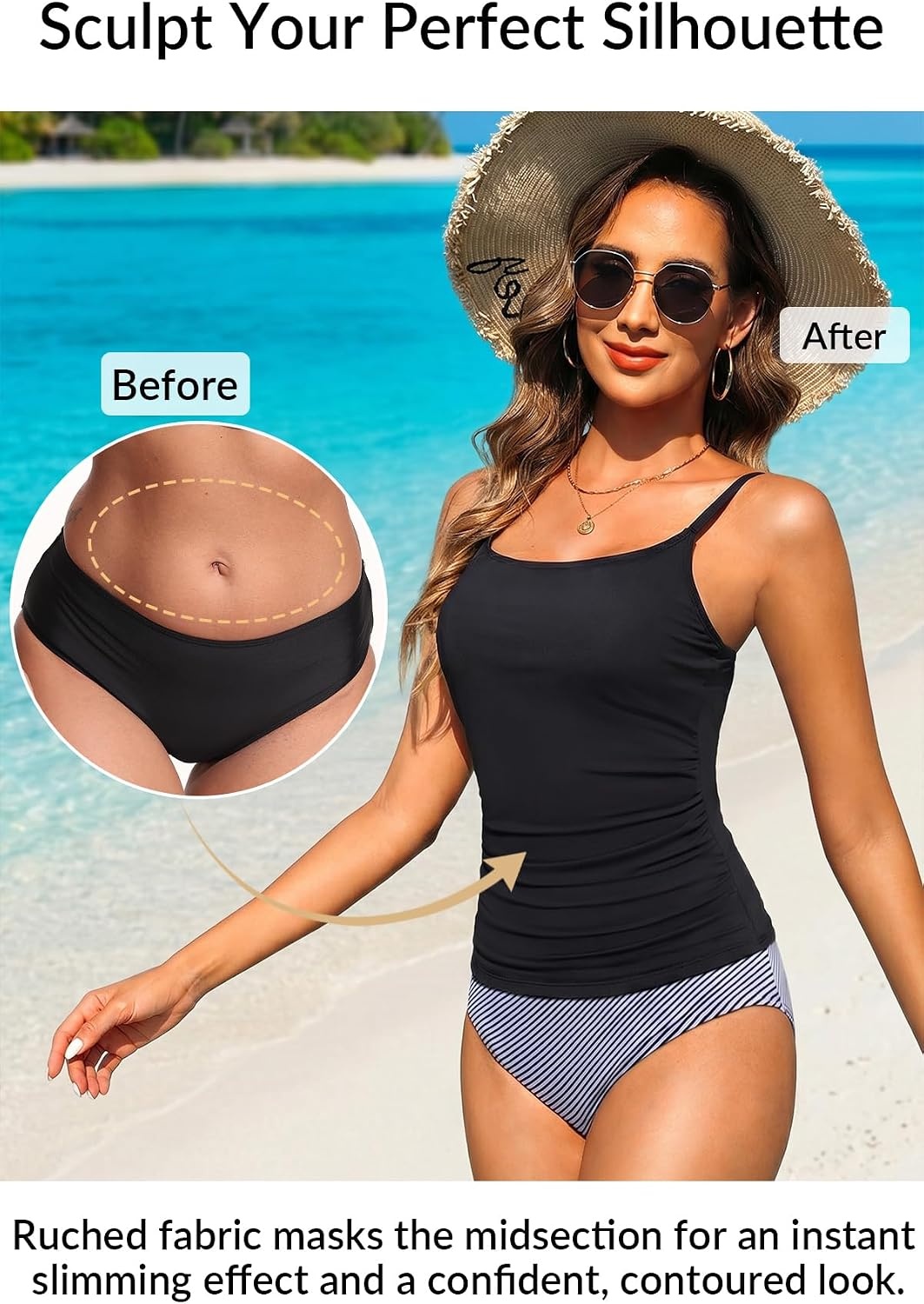 Talisea Women’s Tankini Top Only Tummy Control Bathing Suits Top U Neck Swimwear Tops No Bottom(Black)