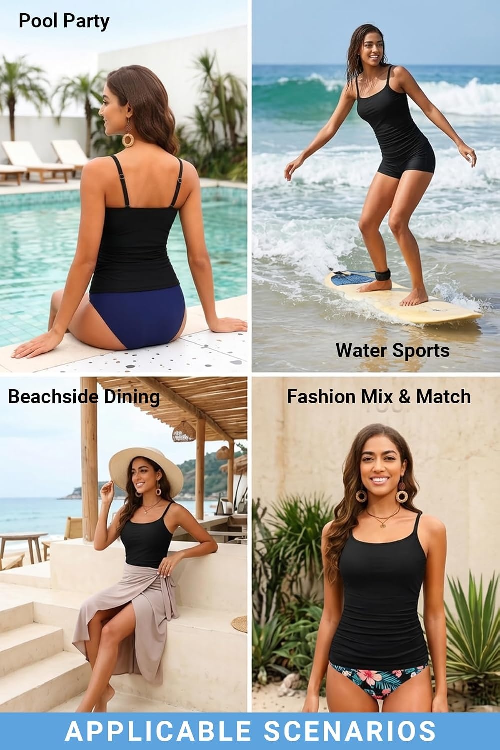 Talisea Women’s Tankini Top Only Tummy Control Bathing Suits Top U Neck Swimwear Tops No Bottom(Black)