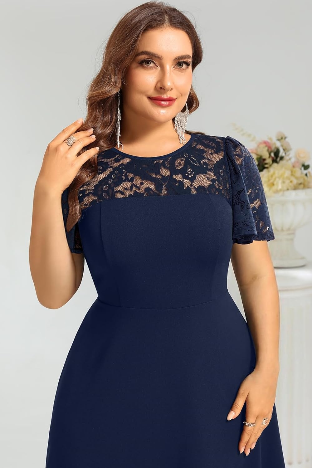 Plus Size Cocktail Dress – Lace Wedding Guest Party Crew Neck Short A Line Dresses Women(Navy Blue)