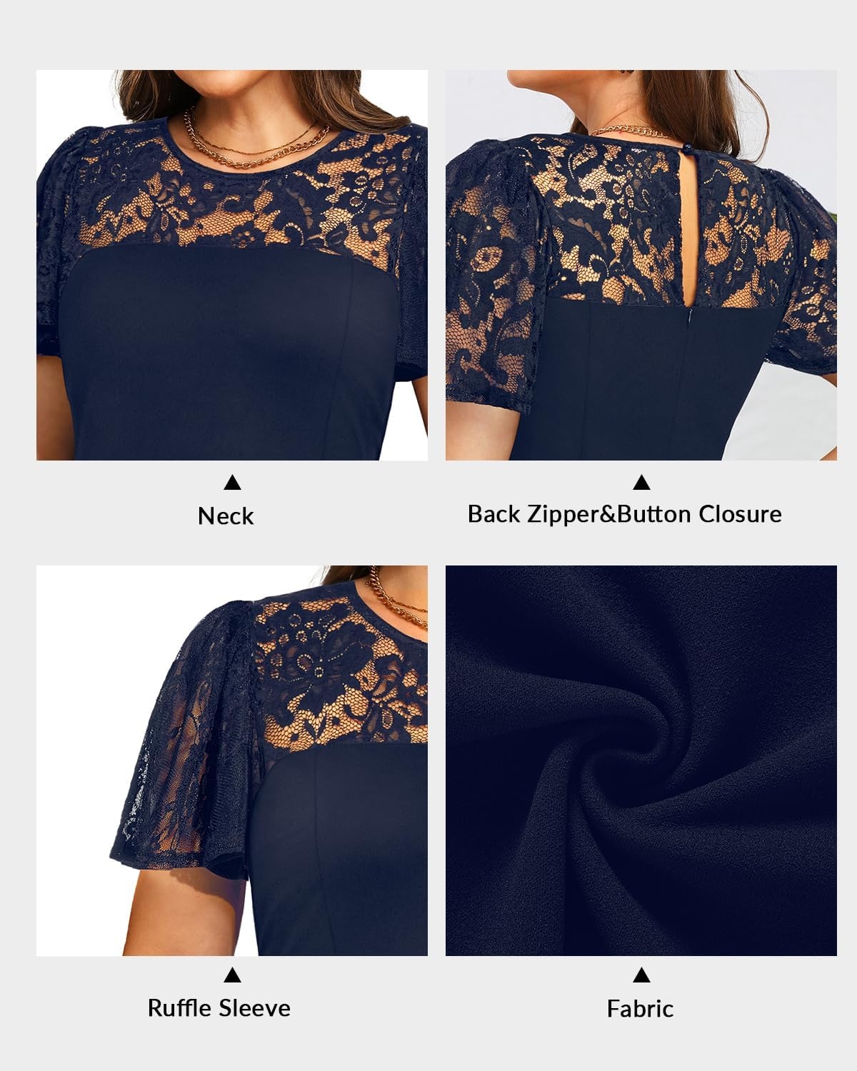 Plus Size Cocktail Dress – Lace Wedding Guest Party Crew Neck Short A Line Dresses Women(Navy Blue)