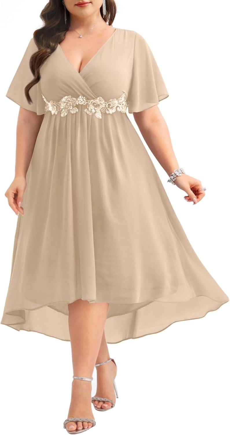 TALISEA Plus Size Dresses Wedding Guest – Formal Cocktail Chiffon Appliques V Neck Ruffle Short Sleeve High Low Dress Women(Champagne)