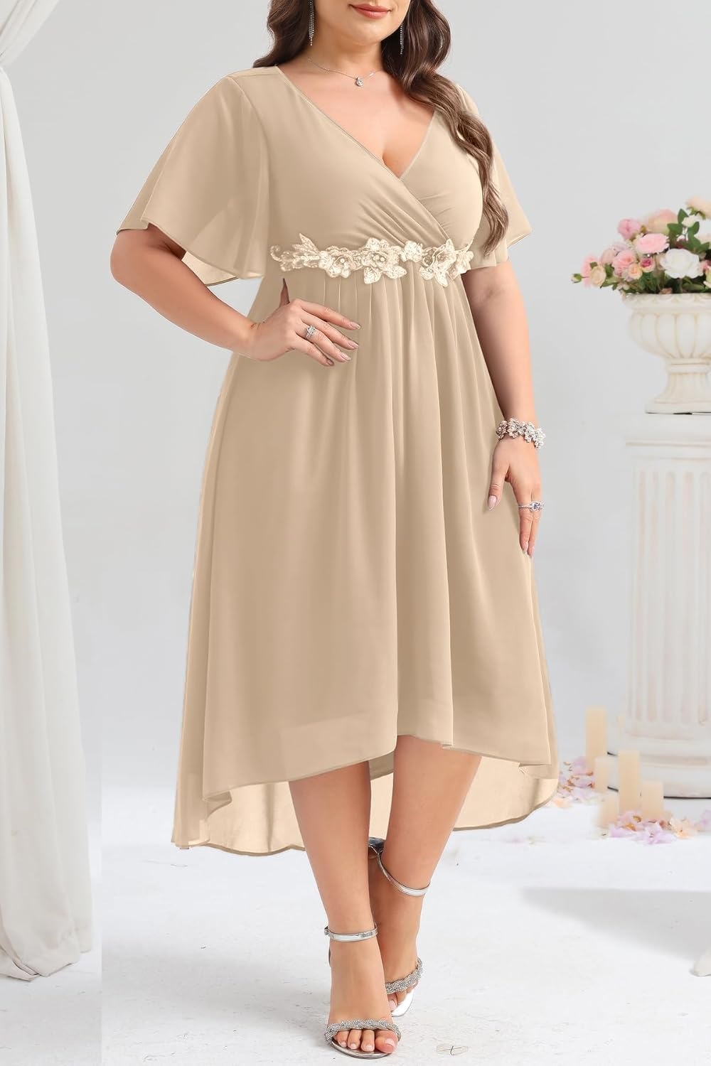 TALISEA Plus Size Dresses Wedding Guest – Formal Cocktail Chiffon Appliques V Neck Ruffle Short Sleeve High Low Dress Women(Champagne)