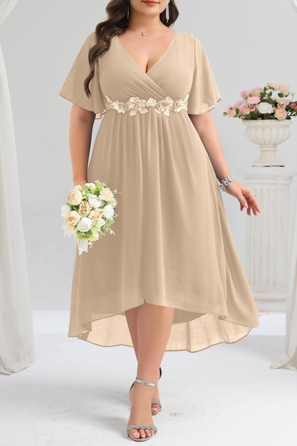 TALISEA Plus Size Dresses Wedding Guest – Formal Cocktail Chiffon Appliques V Neck Ruffle Short Sleeve High Low Dress Women(Champagne)