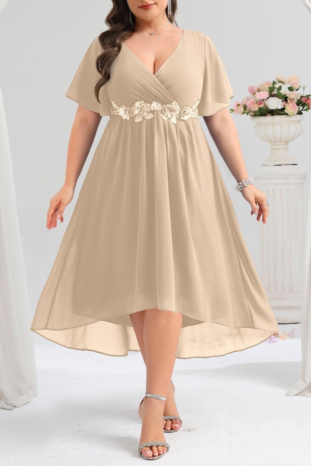 TALISEA Plus Size Dresses Wedding Guest – Formal Cocktail Chiffon Appliques V Neck Ruffle Short Sleeve High Low Dress Women(Champagne)